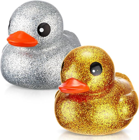 Honoson 2 Pcs 6.89 Inch Giant Glitter Rubber Ducks Big Sparkly Rubber Ducks Jumbo Bathtub Toys with Squeaky Sound for Baby Shower Pool Activity Birthday Gift(Glitter,Gold, Silver)