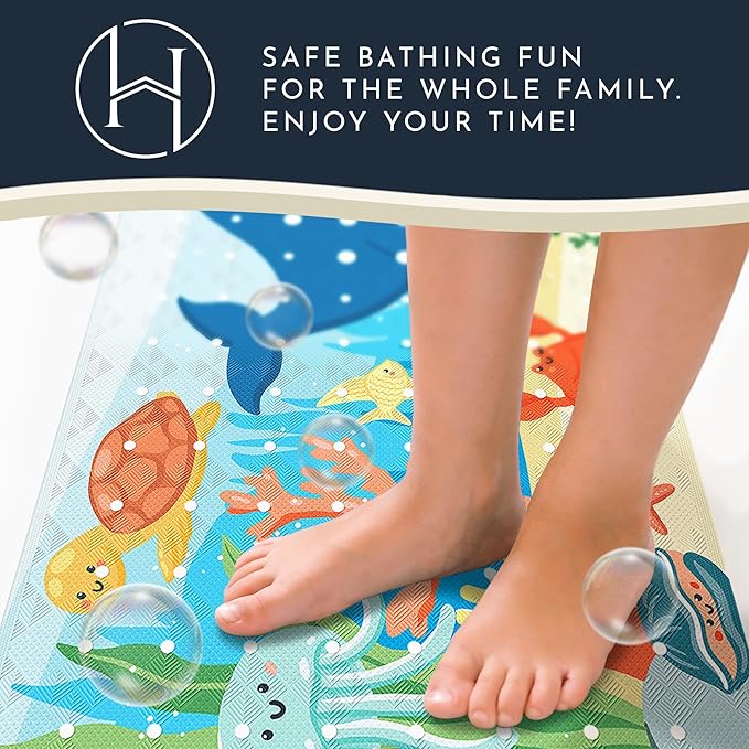 Homerella Baby Bath Tub Mat | Anti Mold Mildew Resistant Non Slip Kids and Adult Bath Tub Shower Mats | 40x16 inch Long with Suction Cups for Secure Grip Hooks for Storage & Drying | Machine Washable