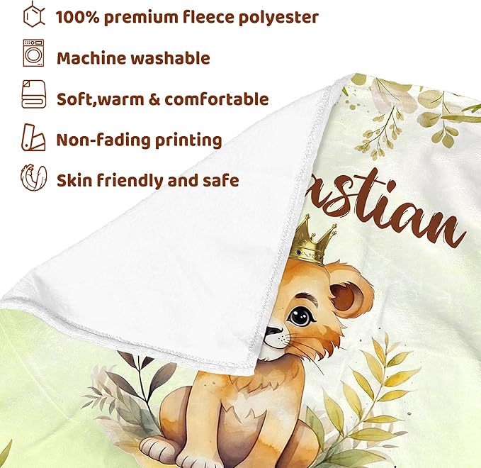 J&SBGFT Custom Baby Boy Lion Blanket with Name,Receiving Blanket for Toddlers Kids Nursery Stroller Crib Cuddles
