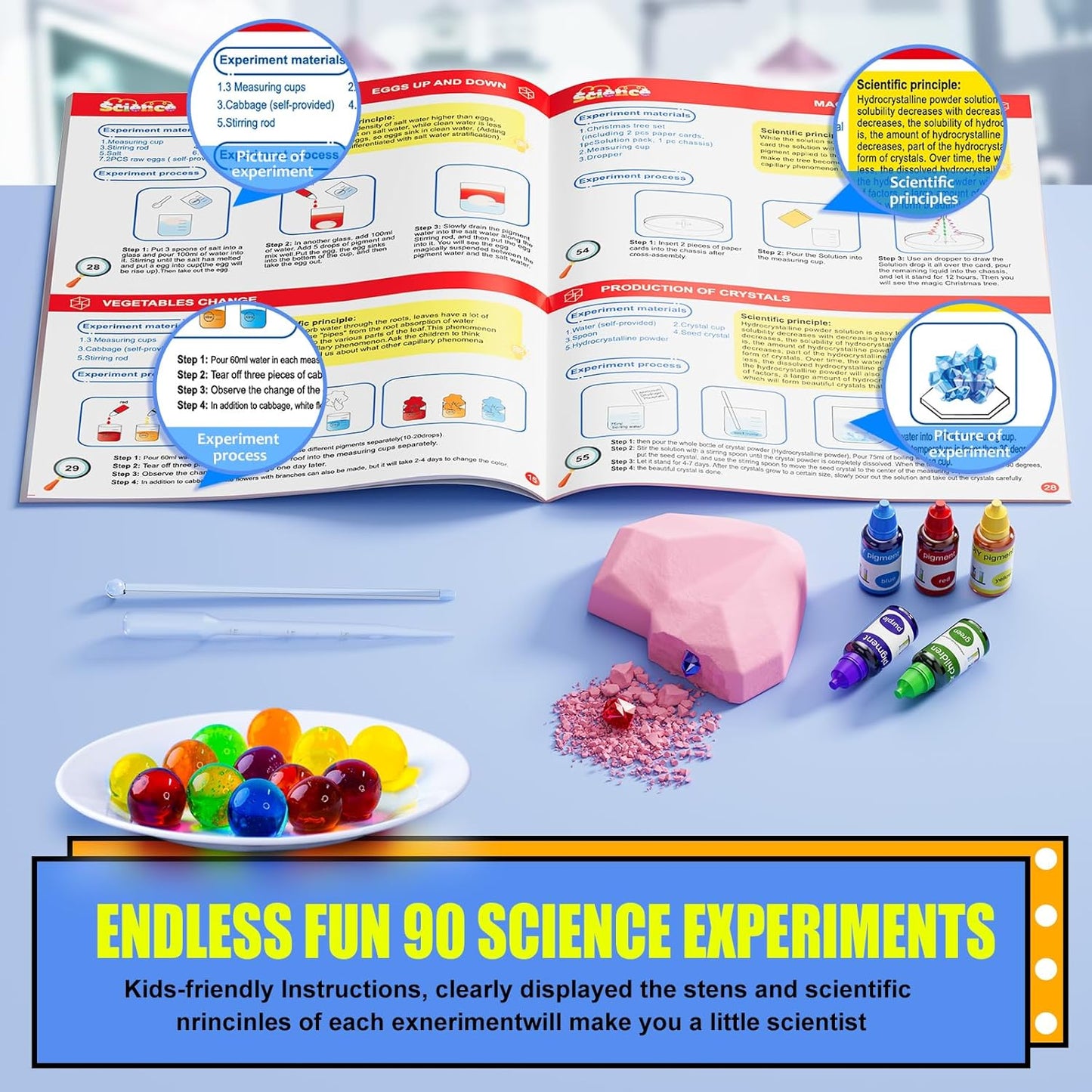 90 Lab Experiments Science Kit for Kids, STEM Activities Educational Scientist Toys Gifts for Age 6-12 Year Old Boys Girls, Chemistry and Physics Set Toys, Volcano Eruption