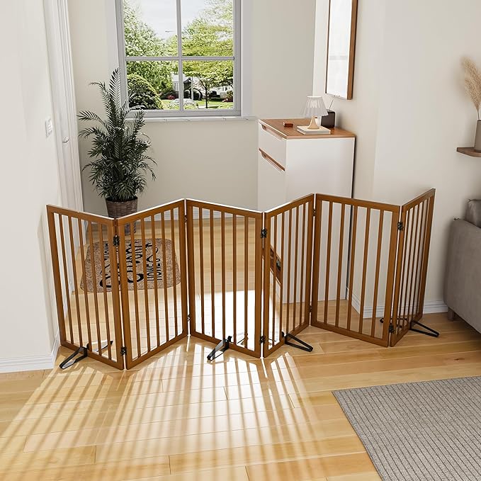Dog Gate 32" Tall Foldable Dog Gate for Doorways Freestanding Pet Gate for Dogs Indoor (Walnut,6 Panel)