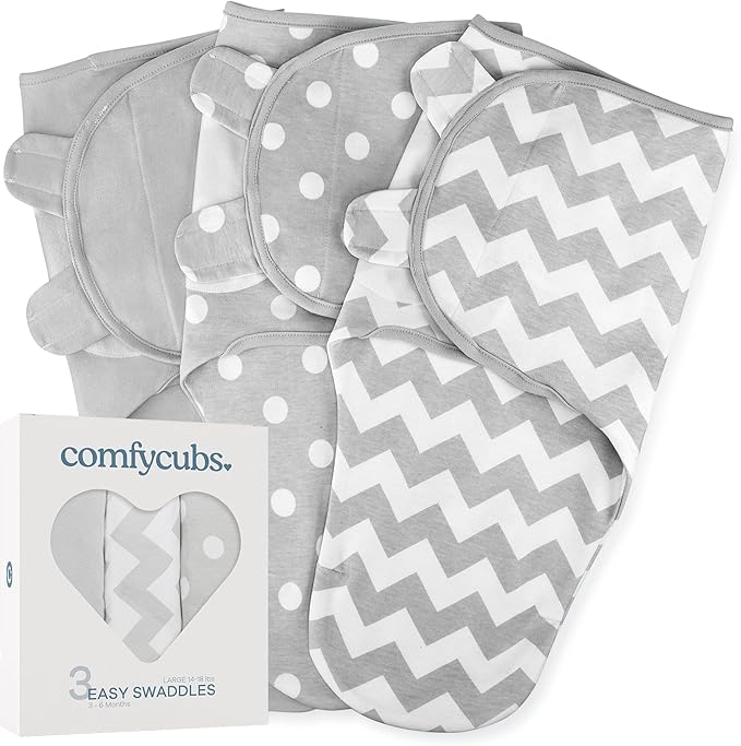Comfy Cubs Easy Swaddle Blanket, 3 Pack - 100% Cotton Newborn Wrap, Large for 3-6 Months Infants, with Adjustable Velcro, Breathable and Durable Sleep Sack for Babies - Grey