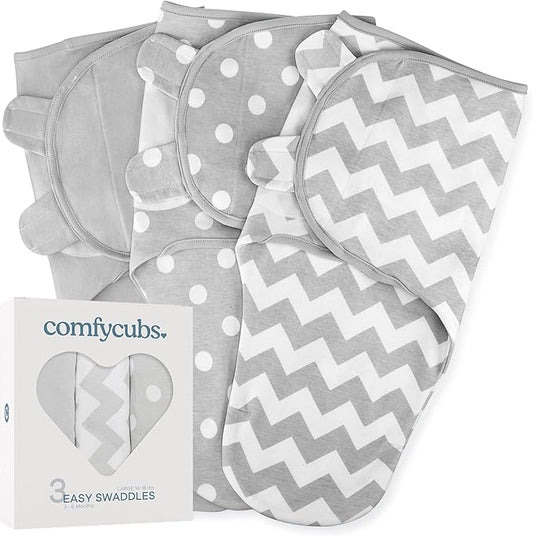 Comfy Cubs Easy Swaddle Blanket, 3 Pack - 100% Cotton Newborn Wrap, Large for 3-6 Months Infants, with Adjustable Velcro, Breathable and Durable Sleep Sack for Babies - Grey