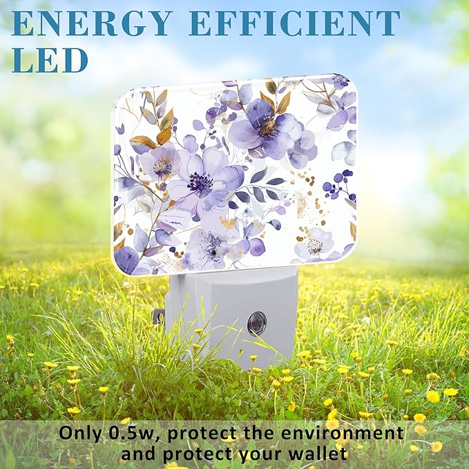 Elegant Purple Flowers Night Light, Watercolor Flowers Nightlight Plug into Wall with Dusk to Dawn Sensor for Kid Girls Boys Women Men Bedroom, Hallway, Kitchen, Bathroom, Stairs Decor