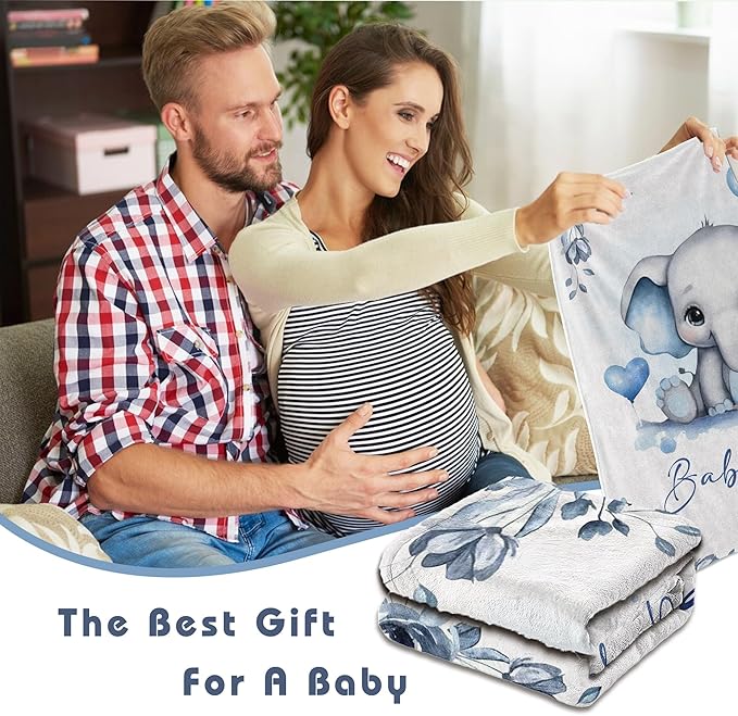 Personalized Baby Blanket for Boy Girl Newborn Custom Elephant Blanket with Name Customized Gifts for Baby Shower Birthday Christmas