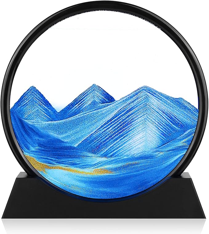 Moving Sand Art Picture - 3D Quicksand Painting Decor - Round Glass 3D Deep Sea Sandscape - Relaxing Home Decoration Desk Toys for Home Office Desk Mantle Bookshelf- (Blue, 7 in)
