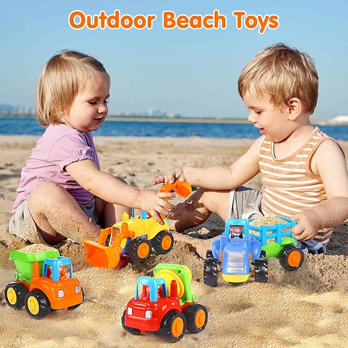 Inertia Toy Early Educational Toddler Baby Toy Friction Powered Cars Push and Go Cars Tractor Bulldozer Dumper Cement Mixer Engineering Vehicles Toys for Children Boys Girls Kids Gift 4PCS