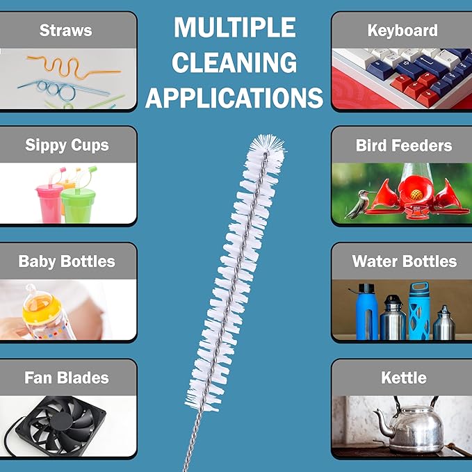Strong 'n Flex Nylon Straw Cleaner Brushes – Fan-Shaped End for Tight Spaces, Ideal for Reusable Straws, Water Bottles, Sippy Cups & Pipes – Includes Zippered Pouch – 10" Long – Set of 3