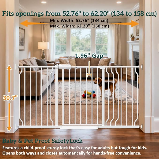 Extra Wide Baby Gates for Doorways 52.76"-62.20" Extra Wide Baby Gate Dog gate Pressure Mounted No Drilling with Walk-Through, Auto-Close & Dual-Direction Swing for Large Wide Opening White