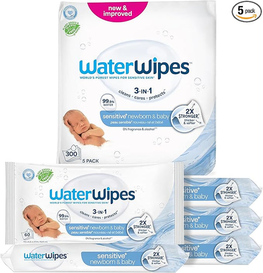 WaterWipes Sensitive+ Newborn & Baby Wipes, 3-In-1 Cleans, Cares, Protects, 99.9% Water, Unscented & Hypoallergenic, 300 Count (5 Packs)