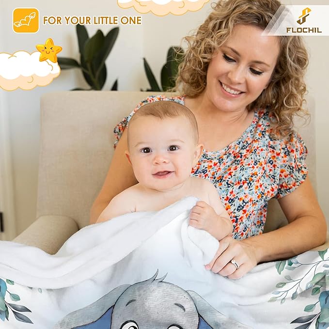 FLOCHIL Personalized Baby Blankets, Custom Baby Blanket - Baby Blanket with Name for Boys, Best Gift for Newborn Elephants Flush Fleece (30x40)