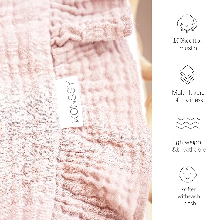 Konssy Flounce Muslin Baby Blankets, Cotton Crib Blanket for Baby Infant Toddler, Super Soft and Lightweight Nursery Blankets 40"x36" (Baby Pink)