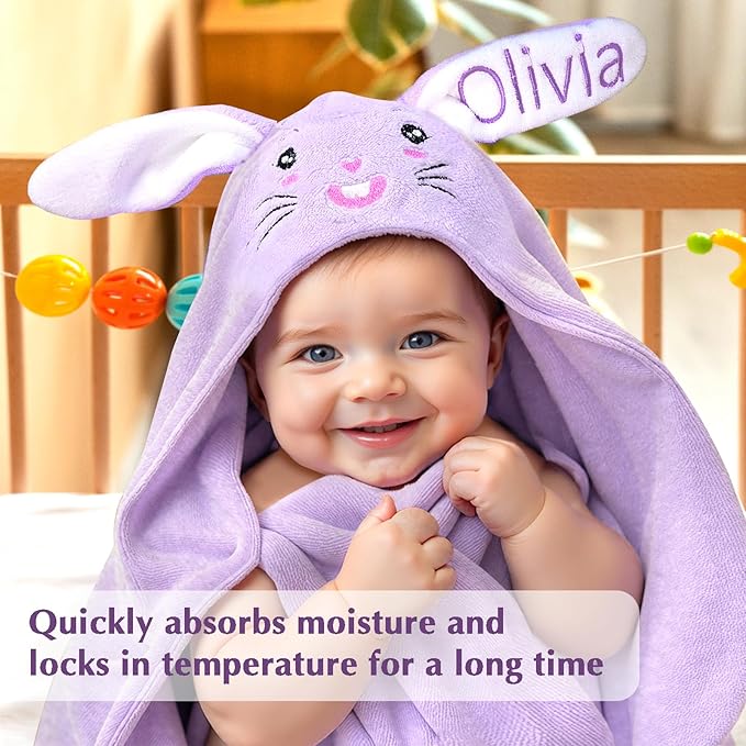 Custom Hooded Bath Towel with Name, Personalized Highly Absorbent Bunny Towels, Baby Bath Towels for Girls Boys, Easter Brithday Shower Gifts for Baby, Toddler, Newborn (Purple)