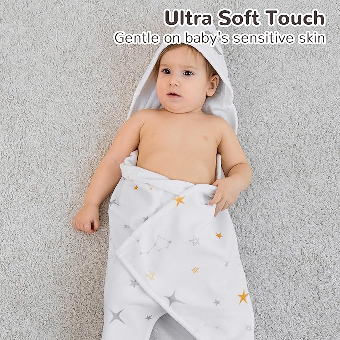 Viviland 2 Pack Hooded Baby Towels, Soft 100% Cotton Baby Bath Towels with Hood, Extra Thick and Absorbent, Essential for Newborns, Kids, Infants - Girls and Boys (Moon & Leaves)