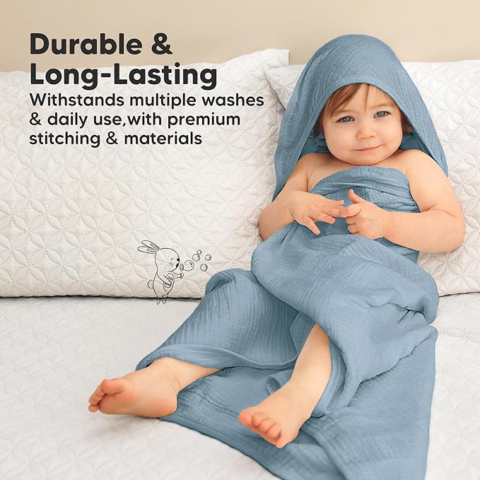 KeaBabies Muslin Hooded Baby Towels for Newborn Girls, Boys - 2-Pack, 30x30 Organic Cotton Baby Bath Towels Hooded, Soft Absorbent, Toddlers, Kids, Infant, Newborn Bath Essentials (Steel, Petite)