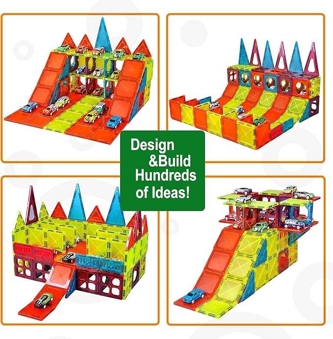 Magnetic Tiles Parking Building Playset with 10 Pull-Back Metal Cars for Kids Construction STEM Toy Preschool Creativity Learning Birthday Gift for Girls Boys Toddlers 3 4 5 6 7 8