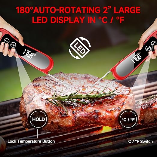 2025 Upgraded Meat Thermometer Digital-1 Second Instant Read Food Thermometer with Large LED Display-IP67 Waterproof Kitchen Thermometer for Grilling and Cooking for Oven, BBQ, Smoker, Candy, Turkey