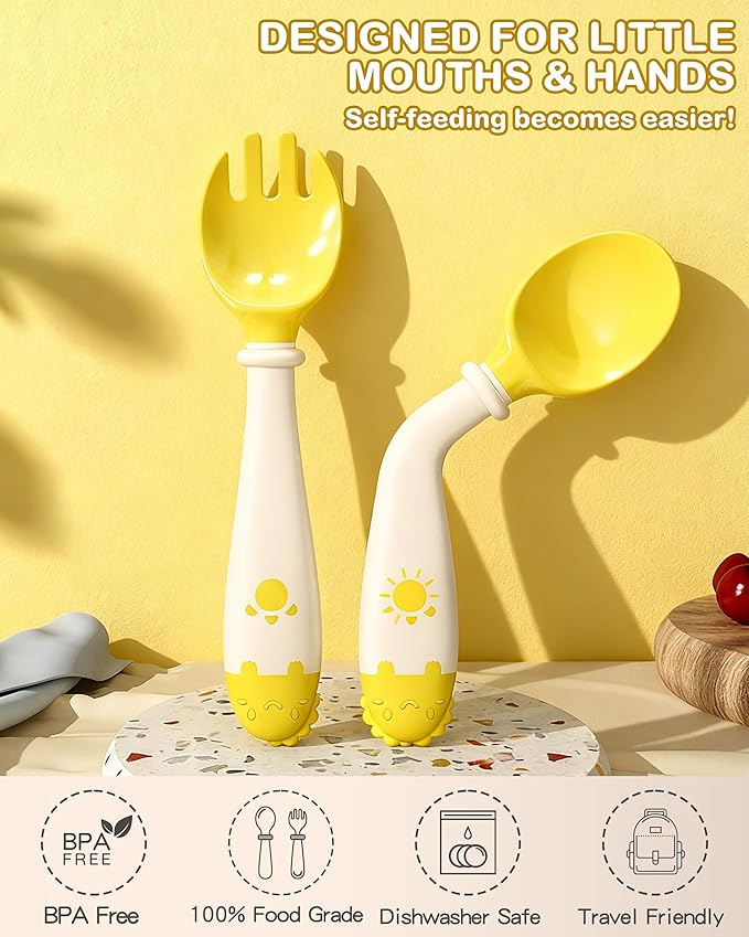 Deejoy Toddler Utensils, Self-feeding Flatware Set withTravel Case, Baby Spoons and Forks with Silicone Bendable Handle, Easy Grip Heat-Resistant, Ideal for Kids, Stage 2 (Yellow)