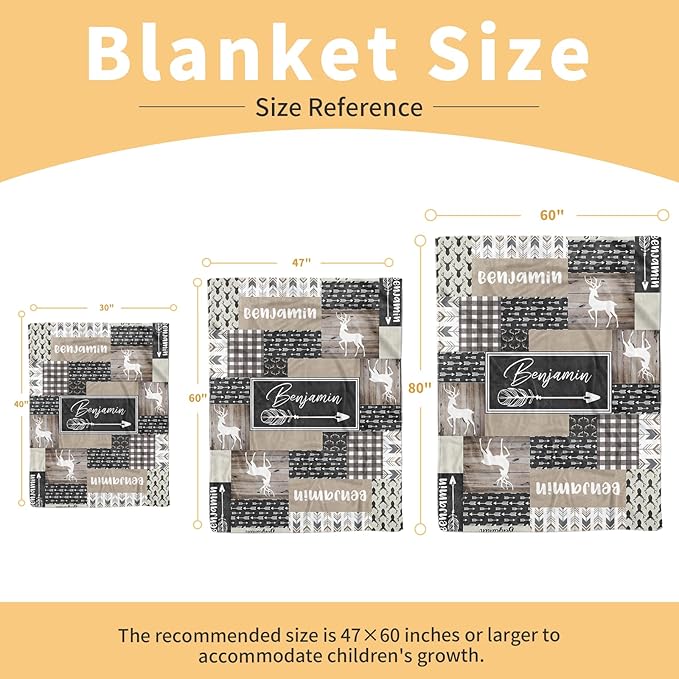 Custom Baby Blanket, Personalized Name Baby Blanket for Boys Girls, Woodland Deer Double Layer Dotted Backing Receiving Swaddle Blankets, Nursery Newborns New Parents Customized Gifts(30"x40")