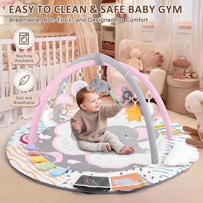 Baby Play Gym & Activity Mat, Tummy Time Mat with Tummy Time Pillow 7 Detachable Sensory Toys and Educational Cards for Motor Skills & Sensory Development, Baby Essentials Shower Gift, Pink Elephant