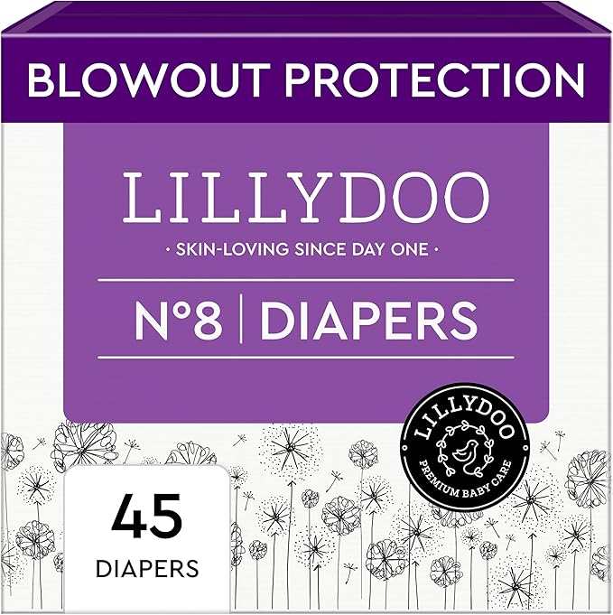 LILLYDOO Baby Diapers - Size 8 (37+ lbs), Half-Monthly Supply (45 Count), Leak Protection, Skin-Friendly, Ultrasoft, Perfume- & Chlorine-Free, Hypoallergenic, Dermatologist Tested, Oeko-TEX®