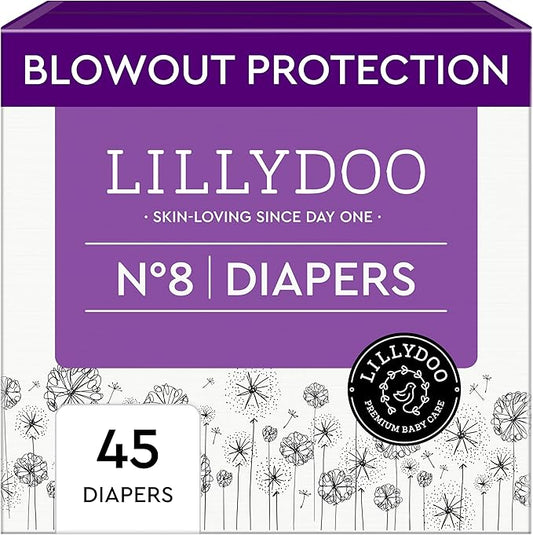 LILLYDOO Baby Diapers - Size 8 (37+ lbs), Half-Monthly Supply (45 Count), Leak Protection, Skin-Friendly, Ultrasoft, Perfume- & Chlorine-Free, Hypoallergenic, Dermatologist Tested, Oeko-TEX®