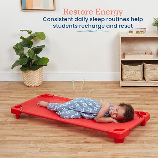 ECR4Kids Stackable Kiddie Cot, Ready-to-Assemble, Standard Size, Classroom Furniture, Red, 6-Pack