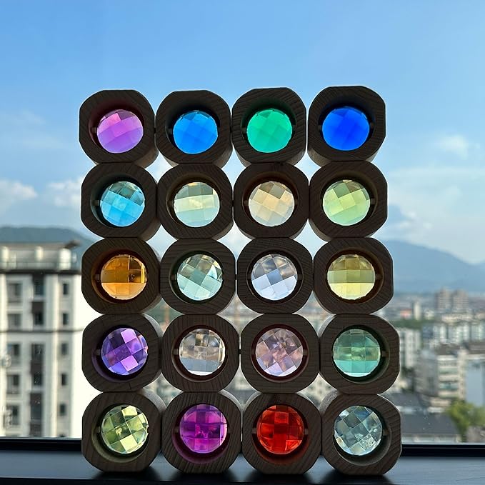 20PCS Wooden Gem Blocks Stacking Toys,Colorful Acrylic Windows Blocks, Rainbow Crystal Acrylic Building Cubes Educational Sensory Training Crystal Toys (20PCS Round Gem Blocks)