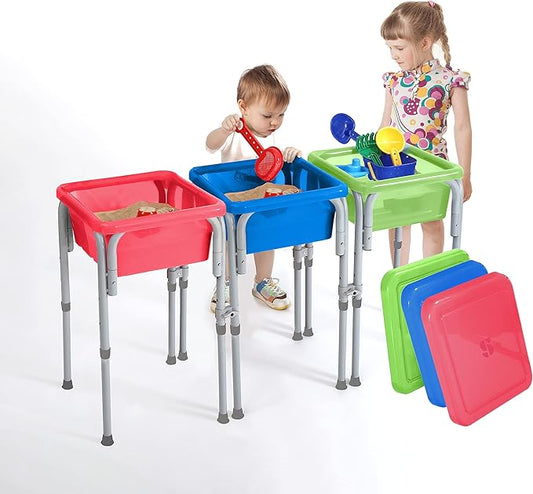 Special Supplies Sensory Activity Table for Kids and Toddlers -with Plastic Buckets and Beach Toys for Interactive Learning - Water, Sand, and STEM Play (Three Buckets - Green + Blue + Red)
