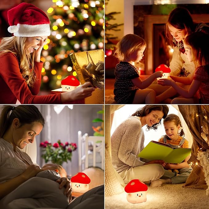 Mushroom Night Light Lamp Silicone Squishy Cute Nursery Nightlight Rechargeable Bedside Lamp with Timer & Tap Control, Christmas Gift