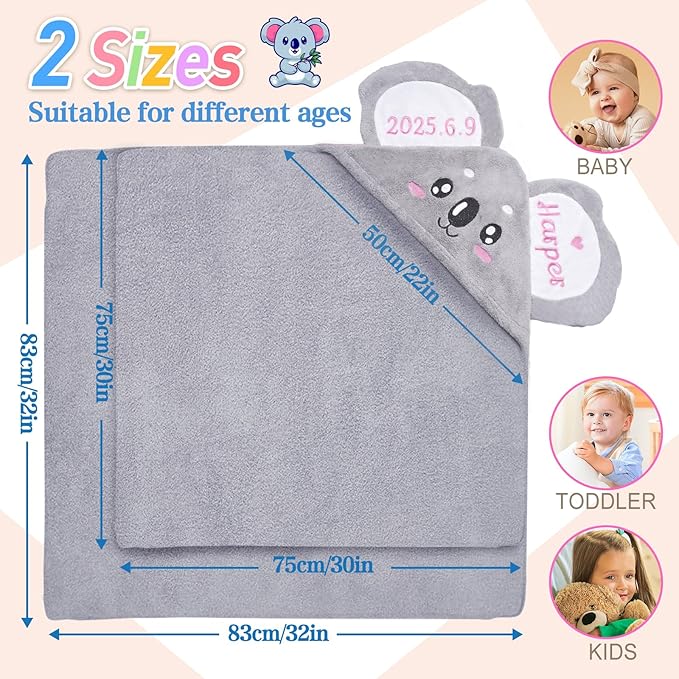 Custom Hooded Bath Towel with Name, Personalized Highly Absorbent Bunny Towels, Baby Bath Towels for Girls Boys, Brithday for Baby, Toddler, Newborn (Koala-Grey)