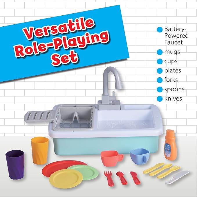 Small World Toys Play Sink with Running Water, Kids Play Kitchen Sink Toys for Kids Age 3+, Automatic Faucets with Realistic Dishes, Toddler Sink Pretend Play Set Gifts for Girls and Boys
