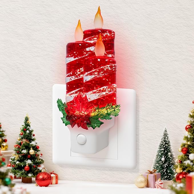 Christmas Candle Night Light Plug into Wall Swirling Glitter USB Portable Christmas Decorative Night Light Decoration for Kids Adults Bedroom Kitchen Living Room Holiday Decor (Red Candles)