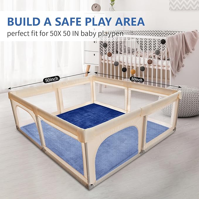 Baby Play Mat for Floor,1.3" Thick Elasti-Foam 50x50 Playpen Mat for Toddlers Infant Kids,Water-Repellent Soft Coral Velvet Tummy Time Non Slip Crawling,Tatami(Dark Blue)