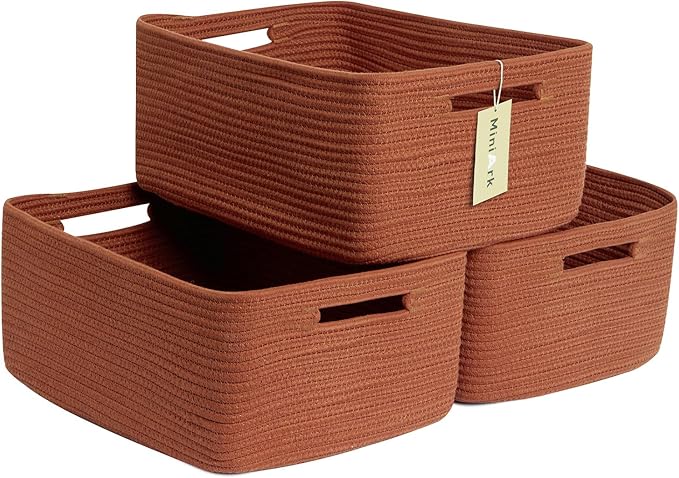 Large Storage Baskets for Shelves, Closet Organizers Bins for Clothes Blanket Towels, Baby Nursery, Toy Baskets Box, Woven Rope Baskets, 17 x 13 x 7.5”, 3 Packs Oxide Red