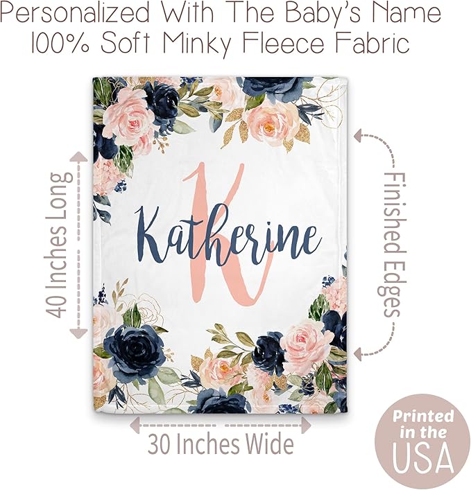 Girls Love A Monogram - Personalzied Custom Navy and Blush Floral Baby Blankets for Girls with Name Shower Gift (Navy & Blush, 30 X 40 Baby)