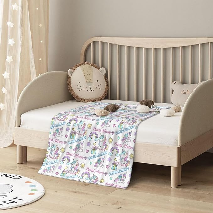 Ship Next Day, Personalized Baby Blanket for Boys Girls - Printed in USA, Custom Name Toddler Blanket with Rainbow Horse Pattern, Perfect Newborn Gift