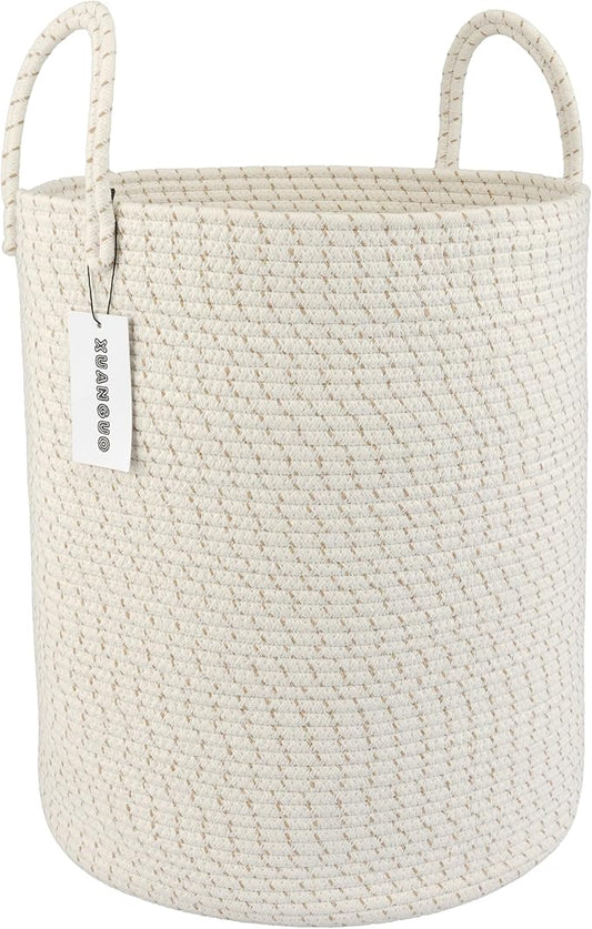Cotton Rope Laundry Basket Hamper for Clothes Woven Storage Basket for Living Room Bedroom Boho Tall Rope Baskets for Blanket Toys Pillow Towels Baby Nursery Hamper Bin striped