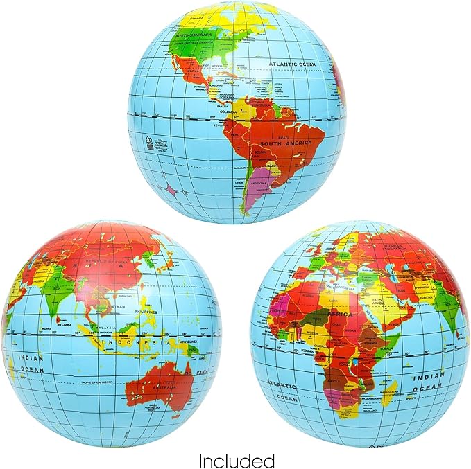 ArtCreativity Inflatable World Globe Ball Set Set of 6 Print Blue and Clear - Colorful Earth Map, 16 Inch Inflatable Beachball for Pool, Summer Fun Toys for Kids, Learning and More