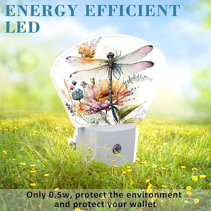 Watercolor Dragonfly Night Light Plug into Wall, Flowers Night Light with Dusk to Dawn Sensor for Kid Girls Boys Women Men Bedroom, Hallway, Kitchen, Bathroom, Stairs Decor