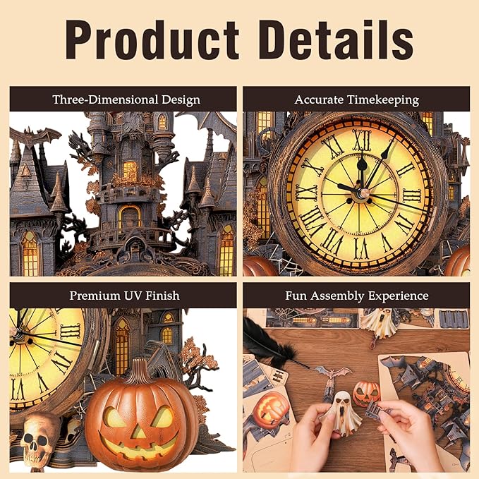 3D Puzzle for Adults Clock - Halloween Hut Clock Design Model Kit-Mechanical DIY Pendulum Clocks with Roman Numerals-Desk Home Office Decor Personalized Gift for DIY Lovers