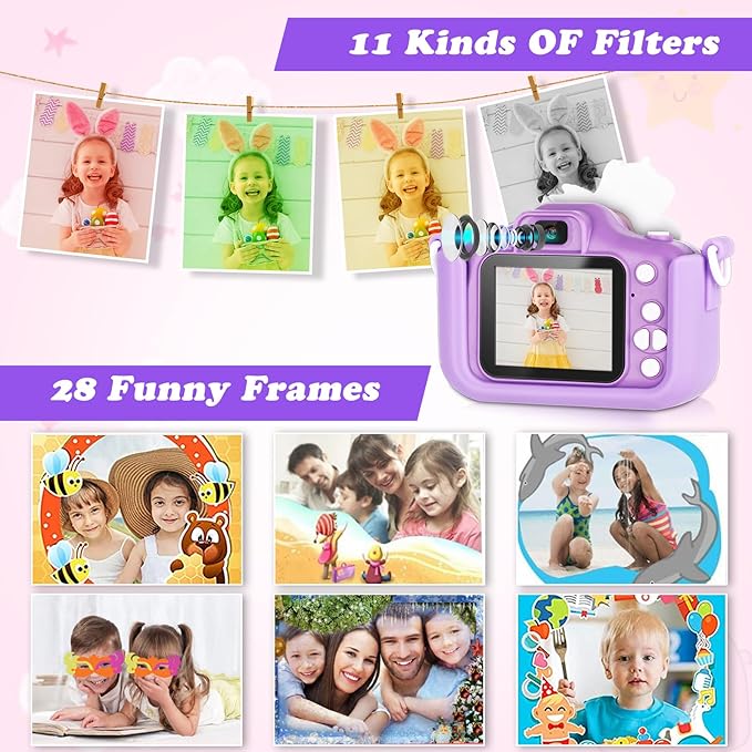 Kids Camera,HD Digital Video Camera with Protective Cover,Childrens Toys for 3 4 5 6 7 8 9 Year Old Boys/Girls,Selfie Camera for Kids,Christmas Birthday Gifts with 32GB SD Card (Unicorn Purple)