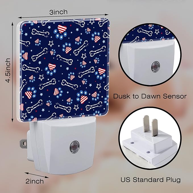 USA Flag and Paw Prints Night Light Plug into Wall, Cute American Patriotic Dog Prints Dusk to Dawn Night Light Plug in,0.5w Energy Saving Sleep Friendly NightLight for Kids Boys Girls Home Decor