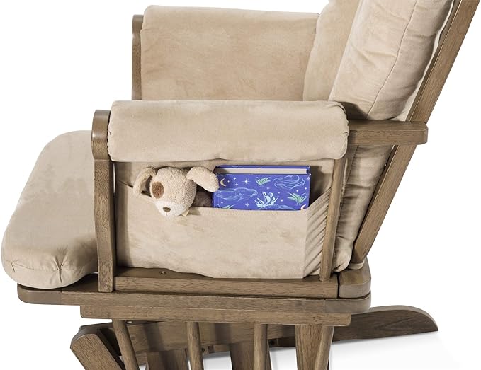Child Craft Cozy Glider Rocker and Ottoman Set, Padded Cushion with Convenient Storage Pockets, Solid Wood Base & Frame (Dusty Heather with Beige Cushion)