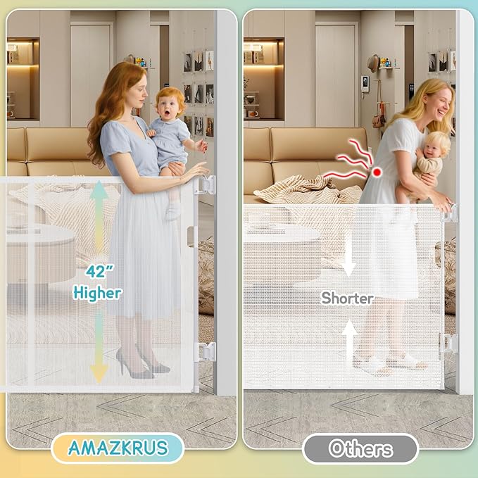 71'' Retractable Baby Gates Extra Wide for Stairs, 42" Tall White Mesh Dog Child Pet Safety Indoor Outdoor Retractable Gate for Doorways, House, Hallway, Deck with Reinforcement Strips