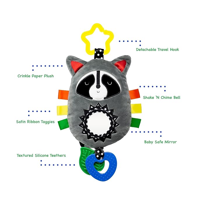 Squish 'N Play Raccoon Activity Toy- Multi-Sensory Learning Baby Toy - Stroller Toy, Car Seat Toy, Tummy Time Toy, Teether Toy, Baby Gift - with Mirror, Rattle & Taggies