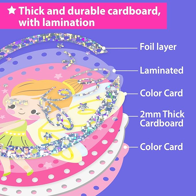 EZCRA Premium Foil Edge Lacing Cards for Kids Ages 3-6 | 5 Double-Sided Fairy Sewing Cards with Multilingual Learning | Durable Cardboard Fine Motor Skills Activity Kit