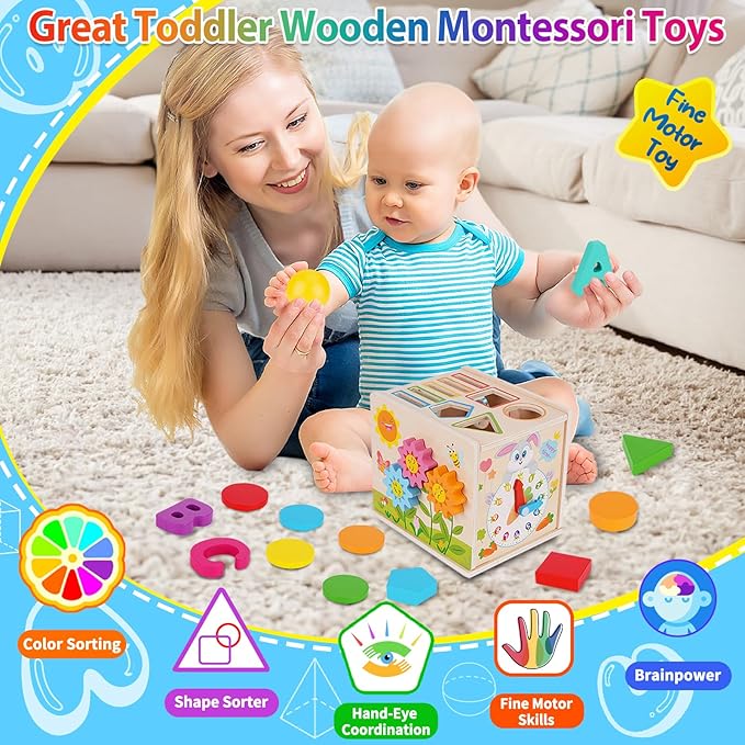 FCSONU Toddlers Montessori Toys for 1 2 3 Year Old Boys Girls, Wooden Baby Montessori Coin Box Toys for Toddlers 1-3, Shape Sorting Sensory Toys for Ages 2-3, Christmas & 1st Birthday Gifts for Kids