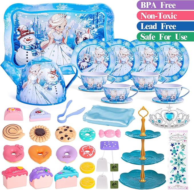 Frozen Tea Party Set for Little Girls, Princess Gift Toy, Kids Pretend Play Tin Tea Set with Teapot, Tea Cups, Food Playset & Carrying Case, Birthday for Girls Age 3+