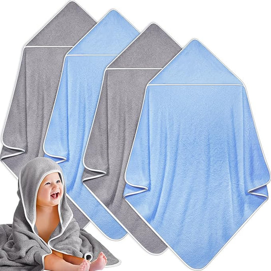 Reginary 4 Pack Baby Hooded Towels Coral Fleece Baby Bath Towels 30 x 30 Inch Soft Absorbent Hooded Bath Blanket for Newborn Toddler Infant Boy Girl Shower Gift Supplies (Gray, Blue)